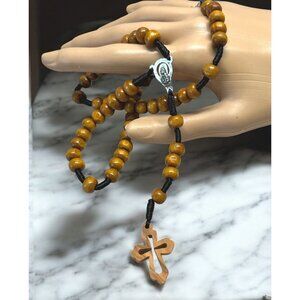 Wooden Bead Rosary With Cross & Virgin Mary Medal Religious Catholic Prayer